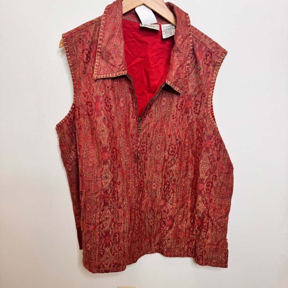 Sleeveless Red Beaded Zip-Front Vest